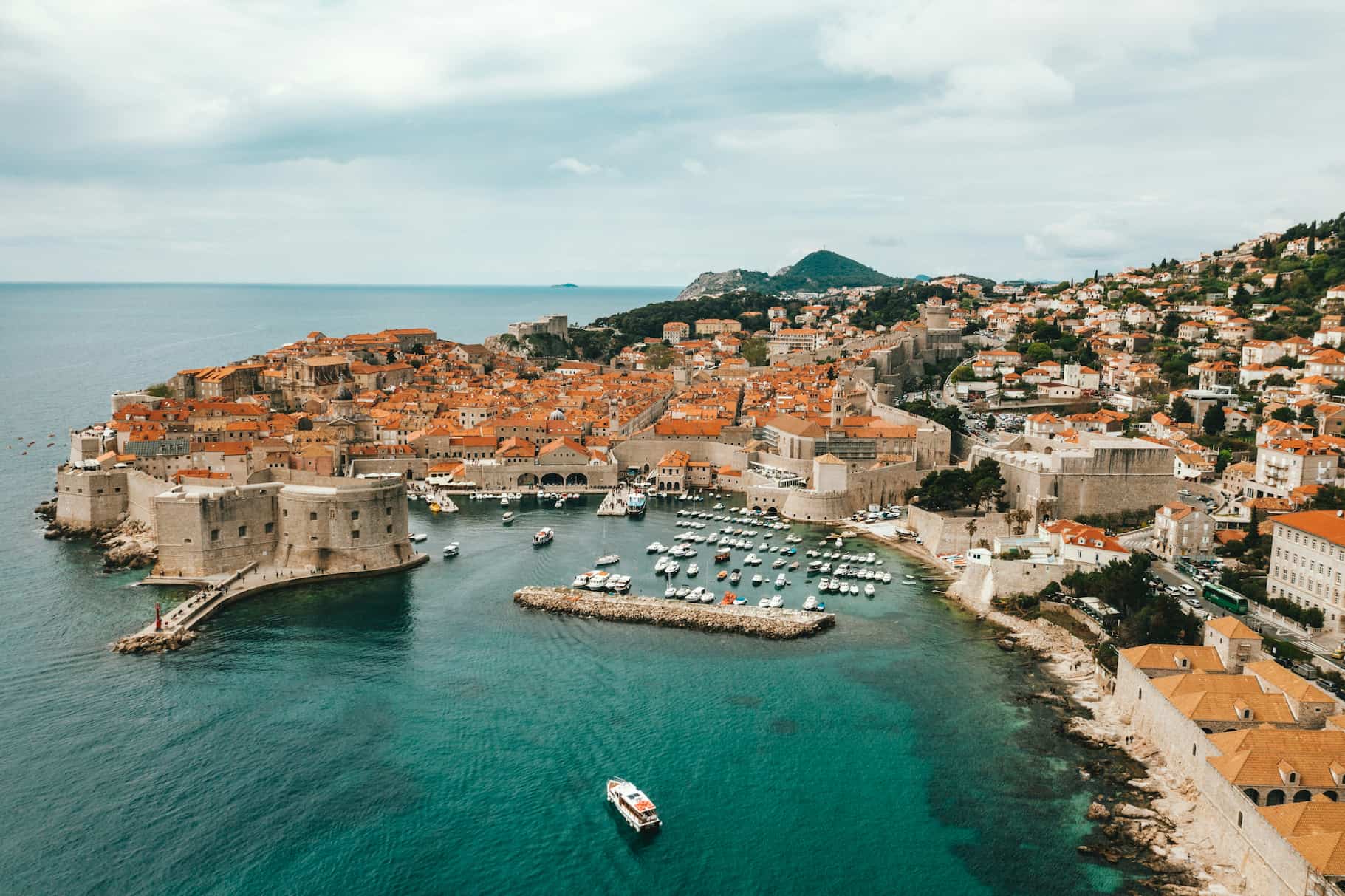 Panoramic aerial view of the historic Old Town of Dubrovnik in Croatia.